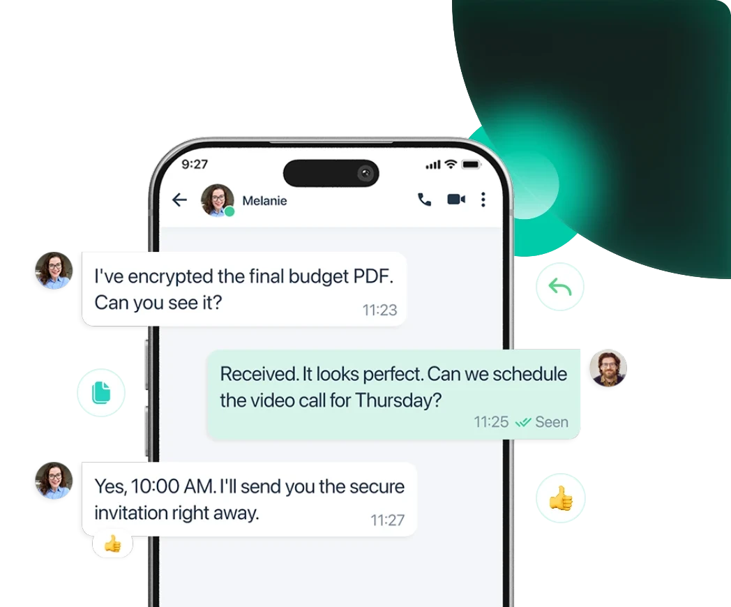 Private Discuss's mobile messaging interface with shared documents and a meeting invitation