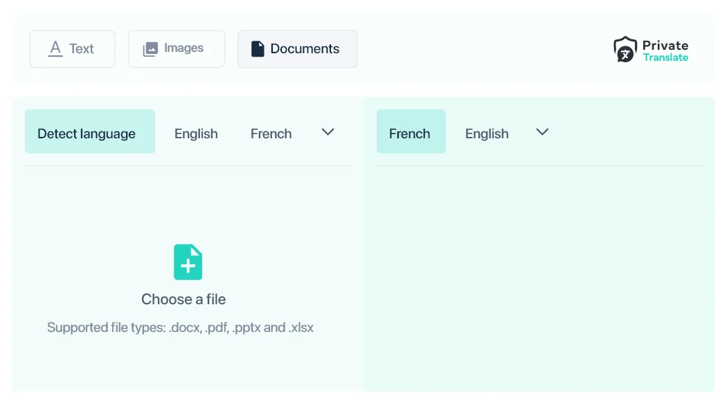 Private Translate interface for translating text, images and documents