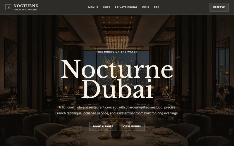 Nocturne Restaurant website homepage